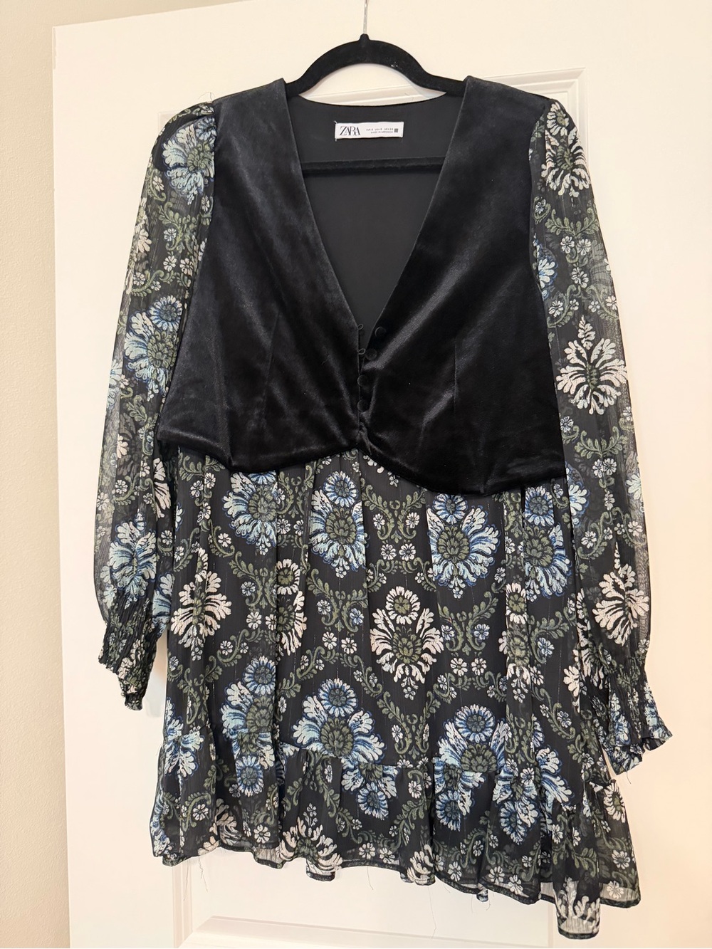 Zara Black Floral Velvet-Trim Long Sleeve Mini Dress